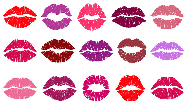 Female red lips prints, love kiss lip print. Woman lipstick kiss prints, sexy mouth kiss shapes vector illustration set. Romantic kiss prints
