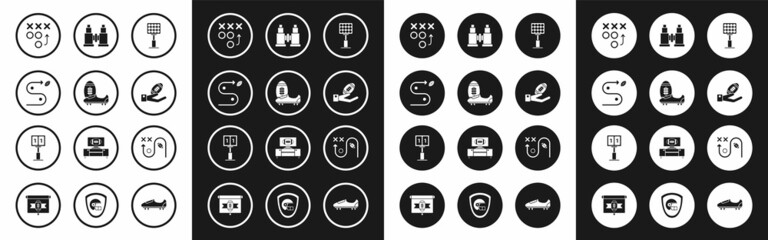 Set Bright stadium lights, Soccer or football shoes with spikes, Planning strategy concept, American Football hand, Binoculars, and Sport mechanical scoreboard result display icon. Vector