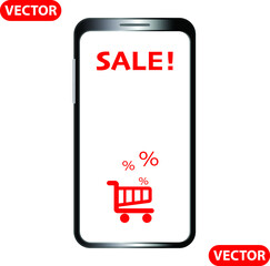 2d model of Mobile black phone with sale information. Cell phone mockup for motion design, online shopping. Vector cell phone