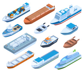 Isometric commercial sea ships, yacht, barge, cruise and sailing boats. Passenger, cargo sea ships, yacht and boat ship vector illustration set. Water transportation - obrazy, fototapety, plakaty