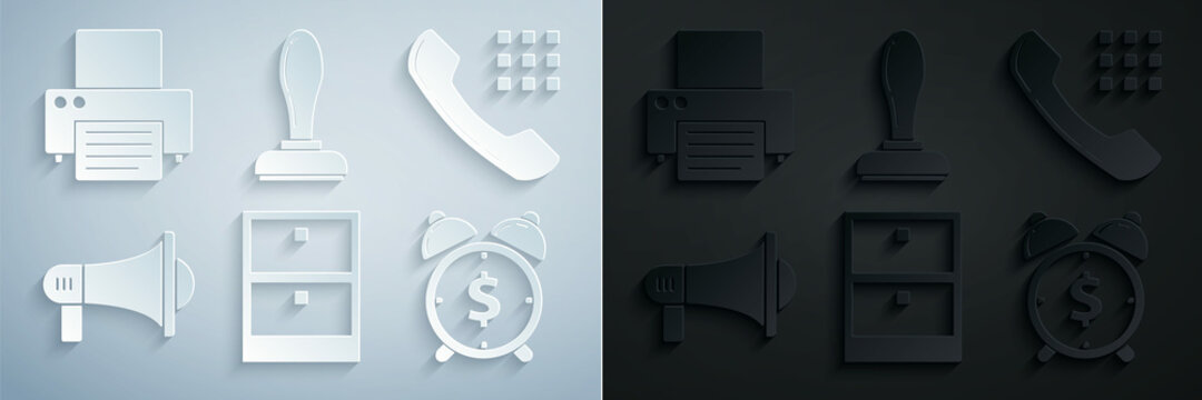 Set Archive Papers Drawer, Telephone Handset, Megaphone, Alarm Clock With Dollar Symbol, Stamp And Printer Icon. Vector