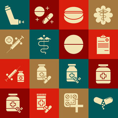 Set Medicine pill or tablet, bottle, Medical clipboard with clinical record, Caduceus snake medical symbol, syringe needle, Inhaler and icon. Vector