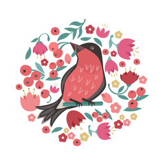 Pattern with bird and colorful flowers on a white background in a flat style, vector format