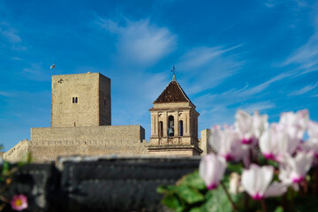 Obraz premium View of the tower of the castle of Alcaudete (Jaén, Spain) behind the church of Santa María la Mayor