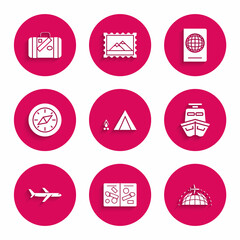Obraz premium Set Tourist tent with wood fire, Passport pages visa stamps, Globe flying plane, Ship, Plane, Compass, biometric data and Suitcase for travel and stickers icon. Vector