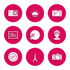 Set Globe with flying plane, Eiffel tower, Photo camera, Map pointer Egypt pyramids, Compass, Postal stamp and Coliseum, Suitcase for travel stickers and Action extreme icon. Vector