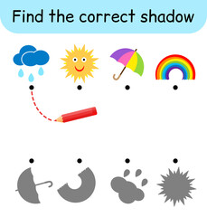 Find the correct shadow. Kids game. Educational matching game for children. Weather theme