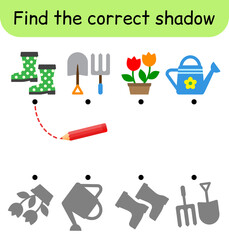 Find the correct shadow. Kids game. Educational matching game for children. Garden theme