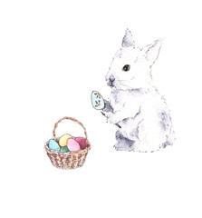 Rabbit with easter eggs isolated on white background. Watercolor hand drawn illustration