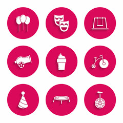Set Ice cream in waffle cone, Jumping trampoline, Unicycle or wheel bicycle, Vintage with big and small, Party hat, Cannon, Swing and Balloons ribbon icon. Vector