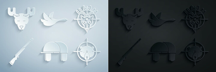 Set Hunter hat, on deer with crosshairs, Hunting gun, bear, Flying duck and Moose head horns icon. Vector