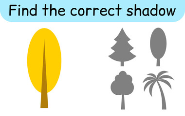 Find the correct shadow. Kids game. Educational matching game for children. Tree theme