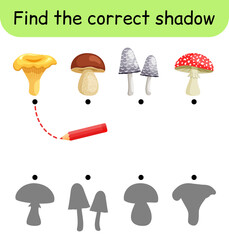 Find the correct shadow. Kids game. Educational matching game for children. Mushroom theme