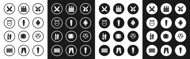 Set Crossed beer bottle, Glass of, Street signboard with inscription Beer, sausage, Hop, Pack bottles, Pretzel and and glass icon. Vector