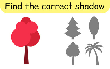 Find the correct shadow. Kids game. Educational matching game for children. Tree theme
