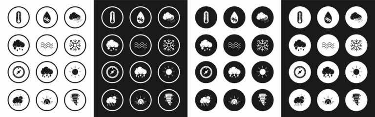 Set Windy weather, Waves, Cloud with rain, Thermometer, Snowflake, Water drop percentage, Sun and rose icon. Vector