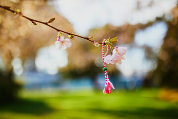Branch of blossoming cherry tree with red and white martisor