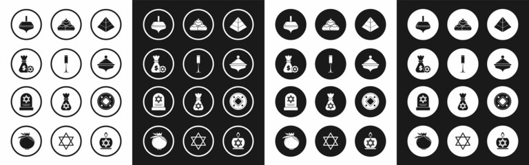 Set Egypt pyramids, Jewish goblet, money bag with star of david and coin, Hanukkah dreidel, sweet bakery, and Tombstone icon. Vector