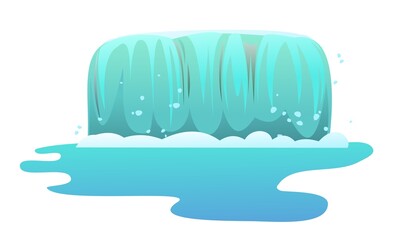 Streaming waterfall water. Wide cascade flow downward. Fast stream with splashes. Object isolated on white background. Vector