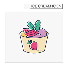 Beetroot ice cream color icon. Delicious dessert. Tasty frozen ice balls in paper bowl with sliced beetroot and parsley decoration. Vegetable sundae. Isolated vector illustration