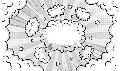 Pop art background with smoke clouds wind and halftone. Retro monochrome frame with balloon. Funny shapes in comic style. Cartoon bomb explosion. Sky air banner. Vector illustration