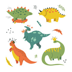 Set of Funny cartoon dinosaurs with abstract shapes in hand drawn style. Illustration for t-shirt, apparel, stickers, cards, poster, nursery. Isolated on white background vector illustration