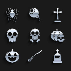 Set Skull on crossbones, Witches broom, Tombstone with RIP, Pumpkin and skull, and Spider icon. Vector