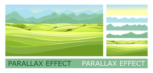 Fototapeten Countryside landscape with vegetable gardens and pastures. Against background of distant mountains near horizon. Solid layers for folding the picture with a parallax effect. Vector © WebPAINTER-Std