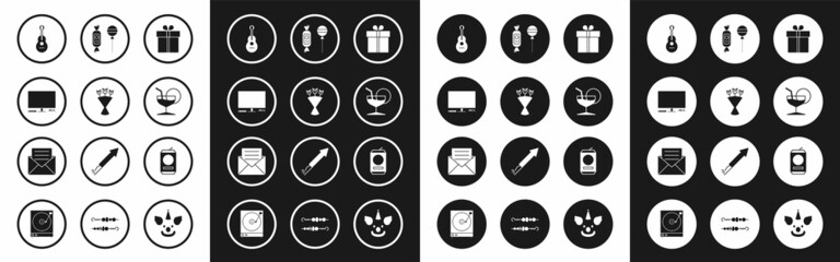 Set Gift box, Bouquet of flowers, Video game console, Guitar, Martini glass, Lollipop, Beer can and Envelope with invitation card icon. Vector