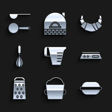 Set Measuring cup, Bakery bowl dough, Macaron cookie, Electronic scales, Grater, Kitchen whisk, Croissant and spoon icon. Vector