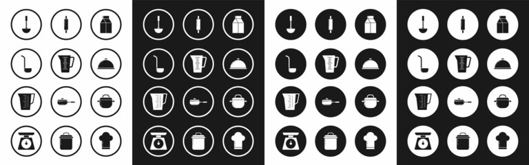 Set Paper package for milk, Measuring cup, Kitchen ladle, Covered with tray of food, Rolling pin, Cooking pot and icon. Vector