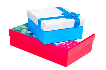 Beautiful gift boxes. Red, blue packaging with a bow. Surprise, gift, attention. Isolated objects...