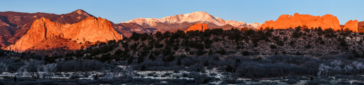 Scenic Beauty in Colorado. The Garden of the Gods and Pikes Peak at sunrise. Panoramic.