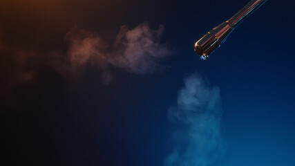 purging steam wand of coffee machine under neon lighting