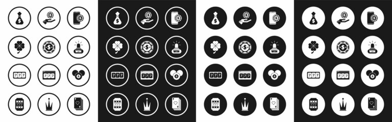 Set Online poker table game, Casino chip with dollar, Four leaf clover, Money bag, win, Hand holding casino chips, Billiard pool snooker 8 ball and Slot machine lucky sevens jackpot icon. Vector