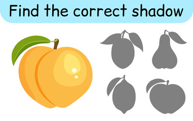 Find the correct shadow. Kids game. Educational matching game for children. Fruit theme