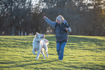 Woman holding camera having fun with golden retriever on grass