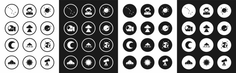 Set Planet, UFO flying spaceship, Astronaut helmet, Great Bear constellation, Earth globe and Moon and stars icon. Vector