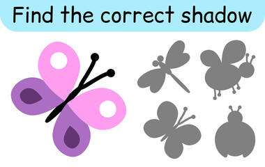 Find the correct shadow. Kids game. Educational matching game for children. Insect theme