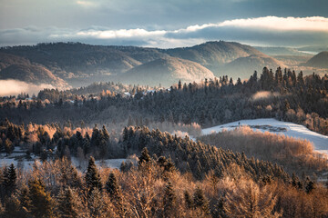 Amazing winter morning in the mountains, Bieszczady Mountains, Poland
