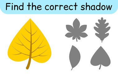 Find the correct shadow. Kids game. Educational matching game for children. Leaves theme