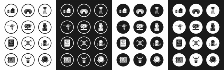 Fototapeta premium Set Antenna, Robot, Mechanical robot hand and screwdriver, Smart home, doctor, Remote control, digital time manager and User manual icon. Vector