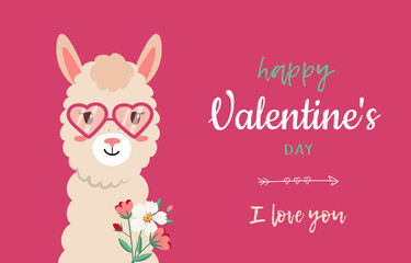 Festive banner for Valentine's Day in flat style. Cute alpaca in glasses with a bouquet of flowers. Pink poster for congratulations on Valentine's Day