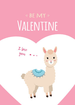 Festive card for Valentine's Day in flat style. Poster with a cheerful llama on the background of the heart. Pink card for declaration of love