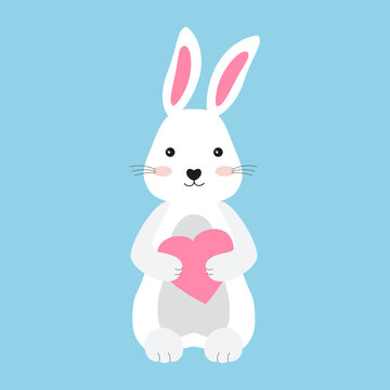 A cute white bunny holds a heart in its paws. The rabbit character is drawn in a flat style on a blue isolated background. Sticker with a hare for a postcard for Valentine's Day.
