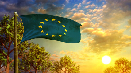 waving flag of European Union at sunset for memorial day - abstract 3D illustration