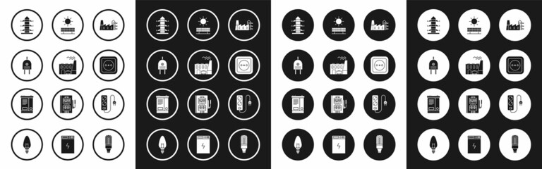 Fototapeta premium Set Power station plant and factory, Coal power, Electric plug, High voltage pole line, Electrical outlet, Solar energy panel sun, extension cord and Car battery icon. Vector