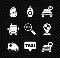 Set Car key with remote, Taxi car, Ambulance and emergency, Map pointer taxi, Trolleybus and Magnifying glass icon. Vector