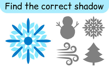 Find the correct shadow. Kids game. Educational matching game for children. Winter theme