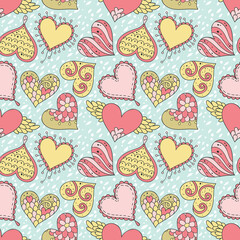 Seamless pattern with hearts in beautiful colors. Drawn with line and outline.